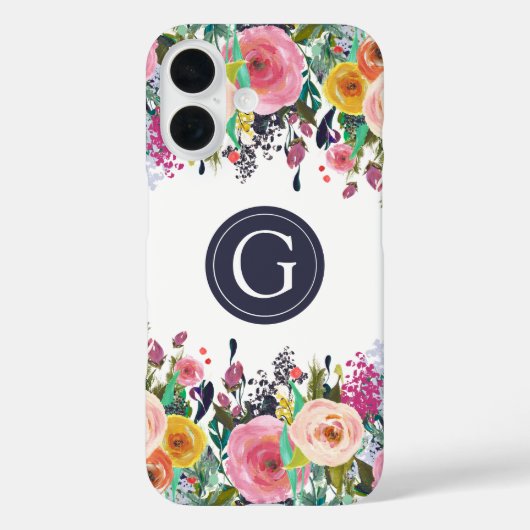 Geschilderde Bloemen Monogram Apple iPhone Case (Achterkant)