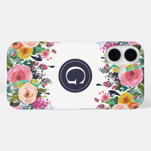 Geschilderde Bloemen Monogram Apple iPhone Case (Achterkant (horizontaal))