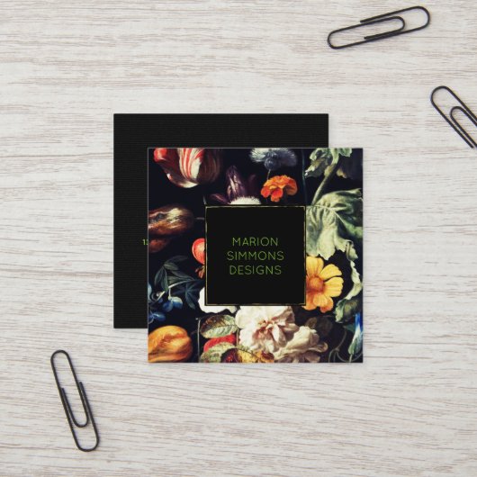 Geschilderde Bloemen op Black Square Business Vierkante Visitekaartje (Voorkant / Achterkant in situ)