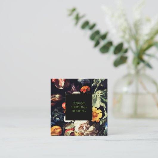 Geschilderde  Bloemen op Black Square Business Vierkante Visitekaartje (Staand voorkant)
