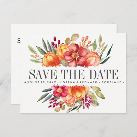 Geschilderde bloemen Oranje Trouwdag save the date Aankondigingskaart (Voorkant / Achterkant)
