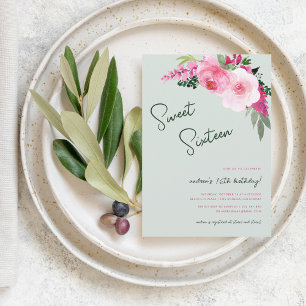 Geschilderde Bloemen Roze Groen Zoet 16 Verjaardag Kaart