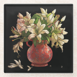 Geschilderde bloemen, vaas met bloesems op zwart glazen onderzetter