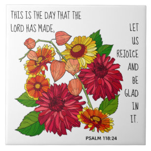 Geschilderde bloemen, vers van psalm 118:24 tegeltje