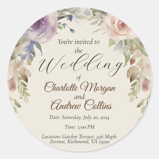 Geschilderde bloemenbruiloft uitnodiging ronde sticker (Voorkant)