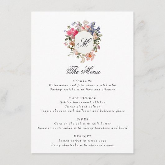 Geschilderde bloemenkalligrafie Monogram Crest Ele Menu (Voorkant)