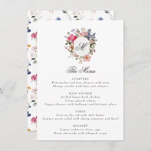 Geschilderde bloemenkalligrafie Monogram Crest Ele Menu (Voorkant / Achterkant)