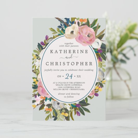 Geschilderde Bloemige Bruiloft Kaart (Staand voorkant)