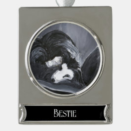 Geschilderde Border Collie Liggend Gepersonaliseer Verzilverd Banner Ornament
