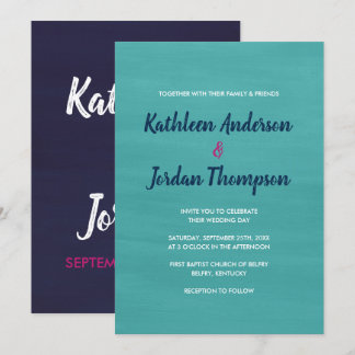 Geschilderde bruiloft Nodig Turquoise, Navy Blue + Kaart