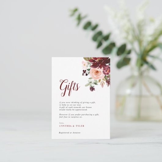 geschilderde bruiloftsgeschenkkaart in burgundy & informatiekaartje (Staand voorkant)