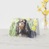 Geschilderde Cavalier King Charles Spaniel Welkoms Kaart (Gele Bloem)