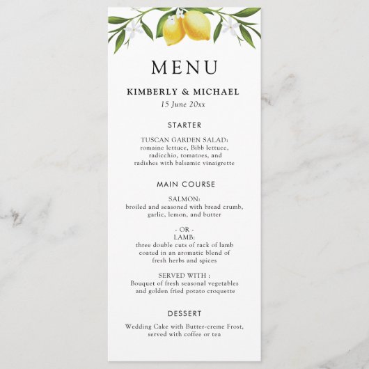 Geschilderde citroenen groen loof bruiloft menu (Voorkant)
