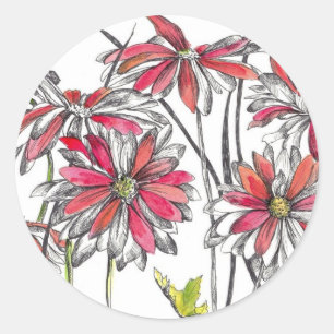Geschilderde Daisy Bloemen Botanische Kunst Inktte Ronde Sticker