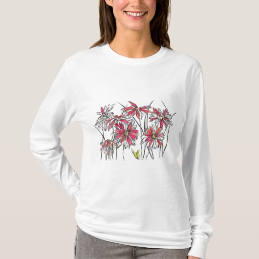 Geschilderde Daisy Bloemen Botanische Kunst Inktte T-shirt (Voorkant)