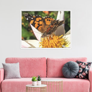 Geschilderde Dame Vlinder Op Witte Dahlia Canvas Afdruk