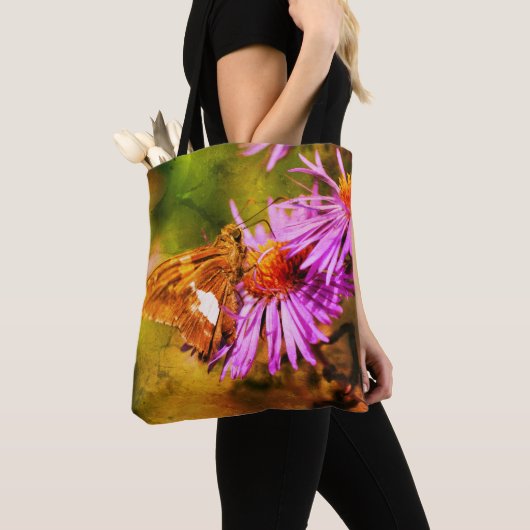 Geschilderde Dame Vlinder Wilde Aster Bloem Kunst Tote Bag (Dichtbij)