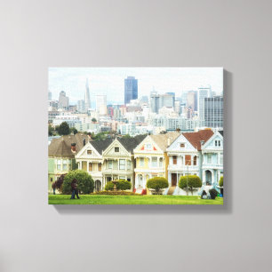 Geschilderde dames, Victoriaans huizen en skyline Canvas Afdruk