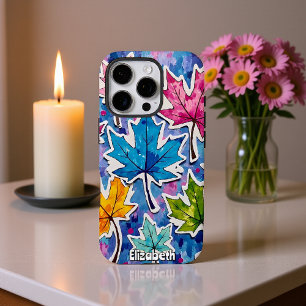 Geschilderde esdoornbladeren op blauw iPhone 16 pro hoesje