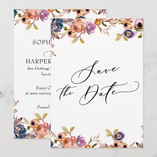 Geschilderde Florals Luxe Kalligrafie Save the Dat Kaart (Voorkant / Achterkant)