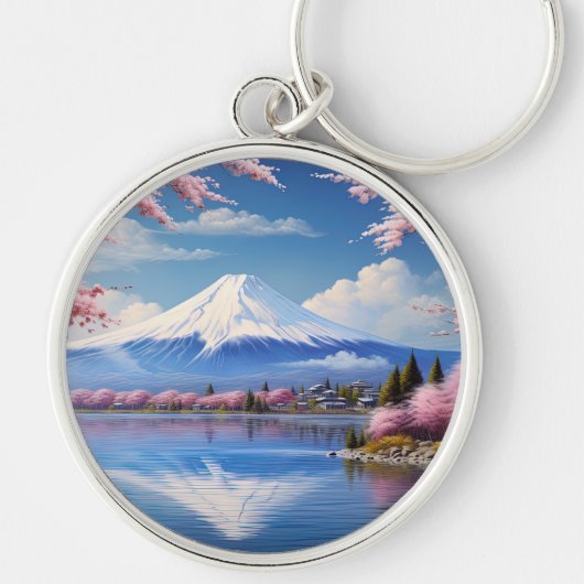 Geschilderde Fuji berg in kersbloesemseizoen  Sleutelhanger (Voorkant)