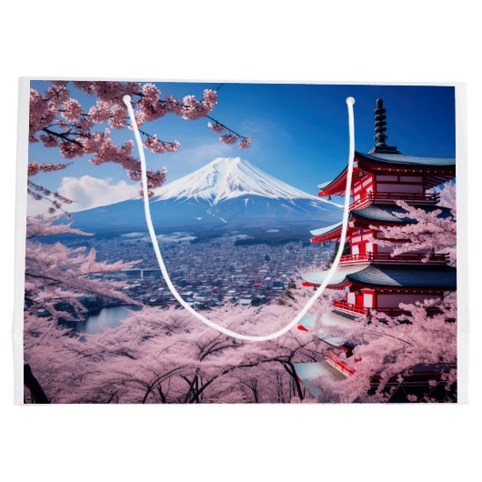 Geschilderde Fuji berg in kersenbloesem seizoen Groot Cadeauzakje (Achterkant)