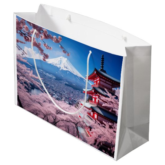 Geschilderde Fuji berg in kersenbloesem seizoen Groot Cadeauzakje (Achterkant Gekanteld)