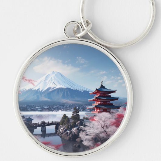 Geschilderde Fuji berg in kersenbloesem seizoen Sleutelhanger (Voorkant)