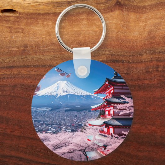 Geschilderde Fuji berg in kersenbloesem seizoen Sleutelhanger (Achterkant)