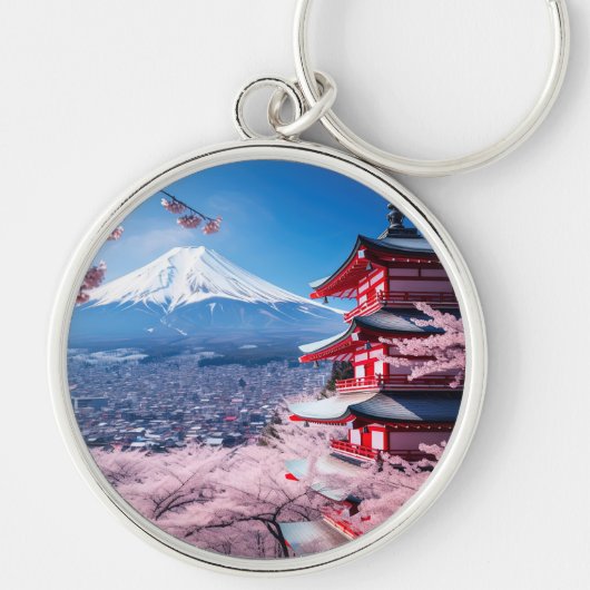 Geschilderde Fuji berg in kersenbloesem seizoen Sleutelhanger (Voorkant)
