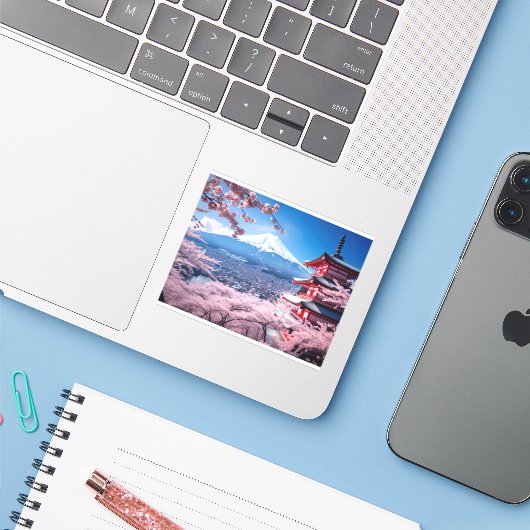 Geschilderde Fuji berg in kersenbloesem seizoen Sticker (Laptop met iPhone)