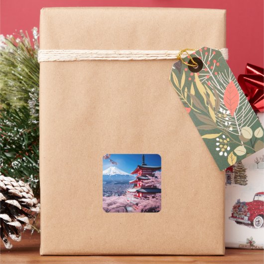 Geschilderde Fuji berg in kersenbloesem seizoen Vierkante Sticker (Feestdagen)