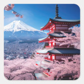 Geschilderde Fuji berg in kersenbloesem seizoen Vierkante Sticker (Voorkant)