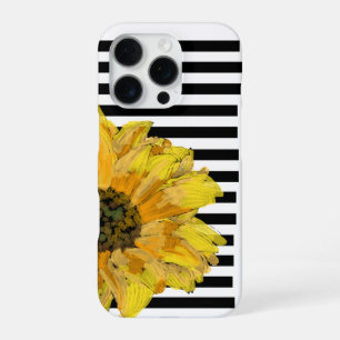 Geschilderde gele zonnebloem op zwarte strepen iPhone 16 pro hoesje