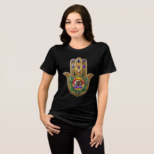 Geschilderde Gouden Hamsa Amethist Robijn Derde Oo Tri-Blend Shirt (Voorkant volledig)