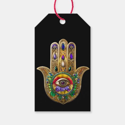 Geschilderde Gouden Hamsa Amethyst Robijn Derde Oo Cadeaulabel (Voorkant)