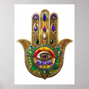 Geschilderde Gouden Hamsa Amethyst Robijn Derde Oo Poster
