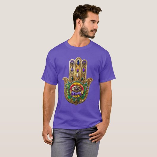 Geschilderde Gouden Hamsa Amethyst Robijn Derde Oo T-shirt (Voorkant volledig)