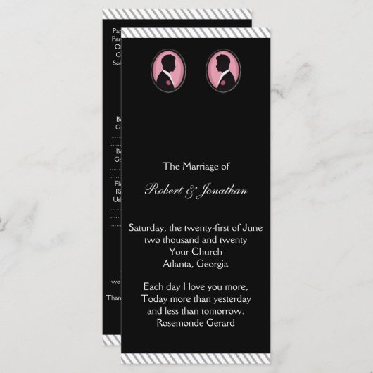 Geschilderde Groom Silhouetten Gay Trouwprogramma Programmakaart (Voorkant / Achterkant)