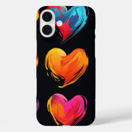 Geschilderde harten op een zwarte achtergrond, gro iPhone 16 plus hoesje