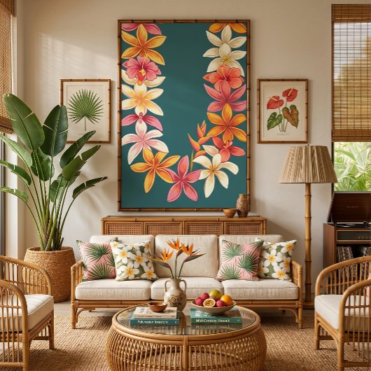 Geschilderde Hawaiaanse Lei op Teal Kunst Canvas Afdruk
