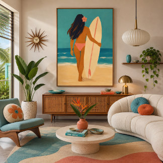 Geschilderde Hawaiaanse strand surfer meisje Canvas Afdruk