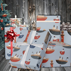 Geschilderde houten boten en vuurtorens 2 cadeaupapier