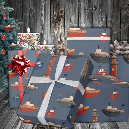 Geschilderde houten boten en vuurtorens cadeaupapier