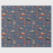 Geschilderde houten boten en vuurtorens cadeaupapier (Vlak)