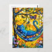 Geschilderde kat in hangmat onder boom met vlinder briefkaart (Voorkant / Achterkant)