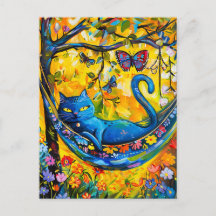 Geschilderde kat in hangmat onder boom met vlinder