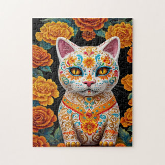 Geschilderde kat met bloemen legpuzzel