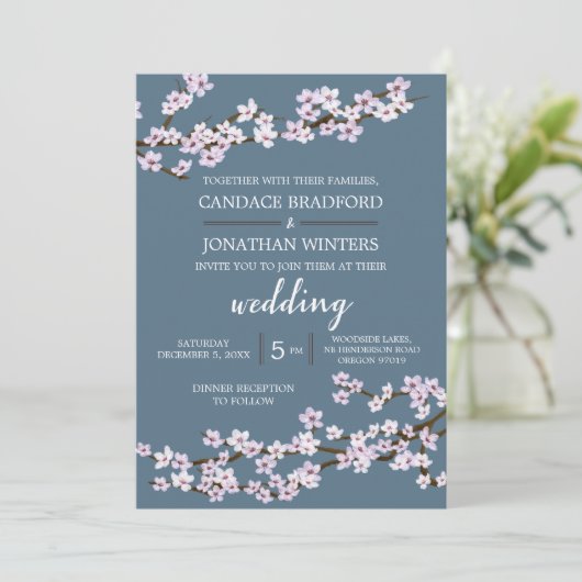 Geschilderde kersenbloesem bruiloft kaart (Staand voorkant)