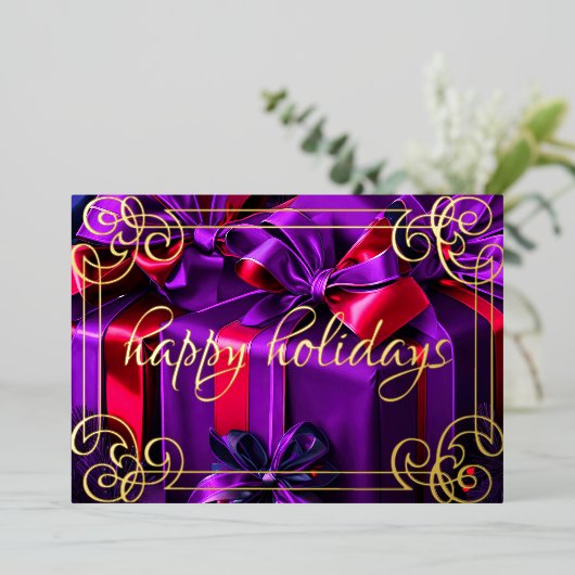 Geschilderde kerstcadeaus Paarse Bourgogne Folie Feestdagenkaart (Staand Voorkant)